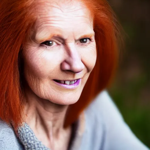 Image similar to mature woman with long ginger hair and purple eyes, high quality photo