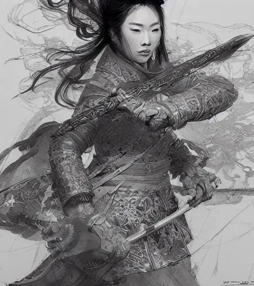 Image similar to hua mulan, pen and ink, intricate line drawings, by craig mullins, ruan jia, kentaro miura, greg rutkowski, loundraw