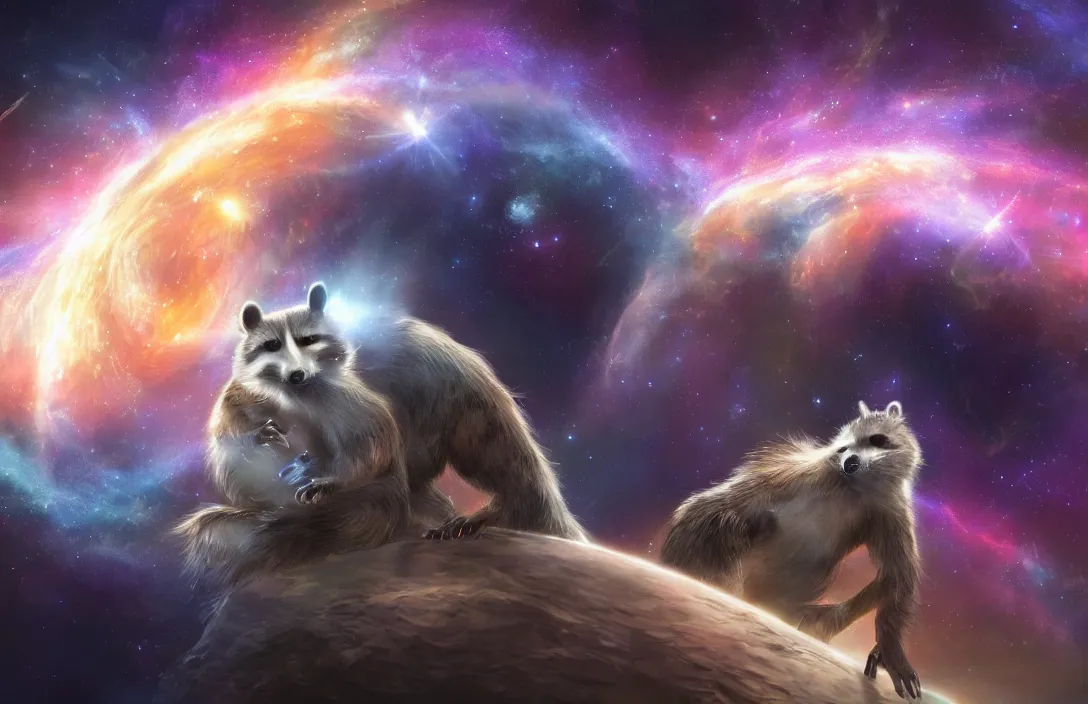 Prompt: A digital concept art painting a space cosmic racoon in the stars 4K UHD image, unreal engine, space art concept