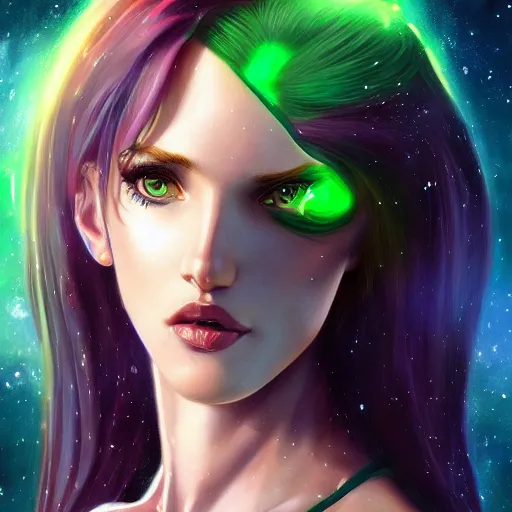 Image similar to ultra realistic illustration, bella thorne as starfire anime with glowing green eyes, intricate, elegant, highly detailed, digital painting, artstation, concept art, smooth, sharp focus, illustration, art by artgerm and greg rutkowski and alphonse mucha