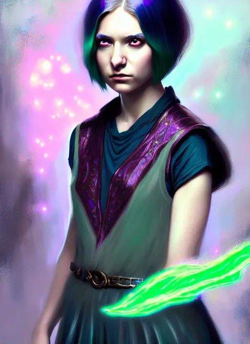 Image similar to Portrait of young female sorcerer, D&D fantasy, her hair is green and styled in a Bob Cut, magic particles flutter in the air, she has a distant expression, and is wearing a shirt and vest, intricate, highly detailed, digital painting, artstation, concept art, sharp focus, illustration, art by greg rutkowski and Ross Tran