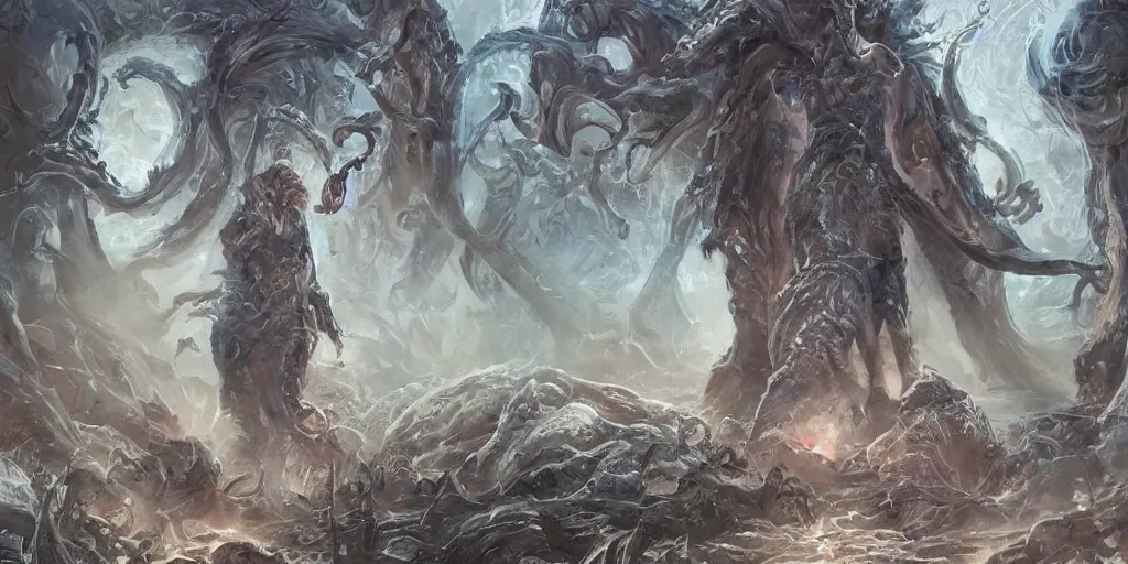 Image similar to portrait of necromancer priest in an invoking ritual in front of a giant cthulhu in a large landscape, intricate, elegant, glowing lights, highly detailed, digital painting, concept art, smooth, sharp focus, illustration, wide - angle portrait, atmospheric lighting, rich deep colors masterpiece, fractal crystals