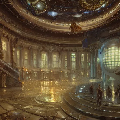 Image similar to detailed cinematic wide shot of the futuristic diselpunk rendition of the white house that has existed millions of years into the future where humans evolved to be solarpunk, ultra realistic, spring light, painting by gaston bussiere, craig mullins, j. c. leyendecker