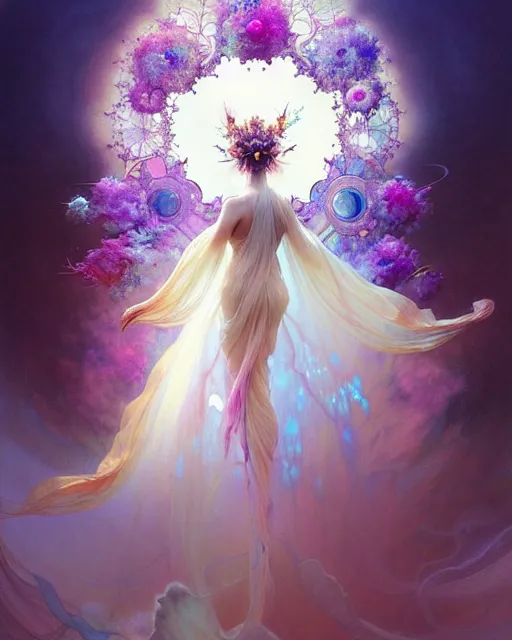 Image similar to Full View ultrarealistic Portrait ethereal fantasy deity wearing beautiful gown, rising in the air levitating, flowers, calm, 4k digital masterpiece by Anna Dittman and Alberto Seveso Ruan Jia, rossdraws, artgerm and greg rutkowski and alphonse mucha and loish and WLOP, fantasycore, Hyperdetailed, fractals, scribble art, realistic digital painting, atmospheric, fireflies, soft lighting, featured on Artstation