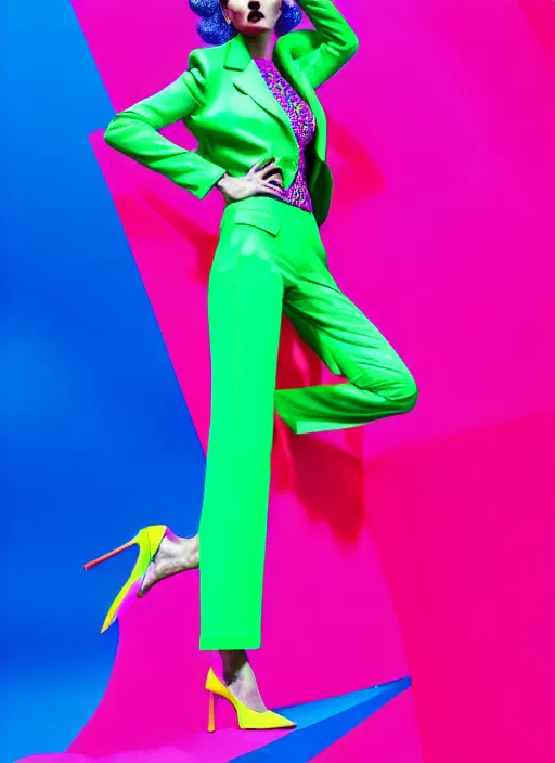 Image similar to bright trouser suit for a rave, bright colors, many details, prints, photo for a magazine, photo for a store, fashion photography, Vogue, 135 mm, cinematic, hyper realism, high detail, 8k, Two models in the frame, dynamic pose,Smooth skin, perfect face