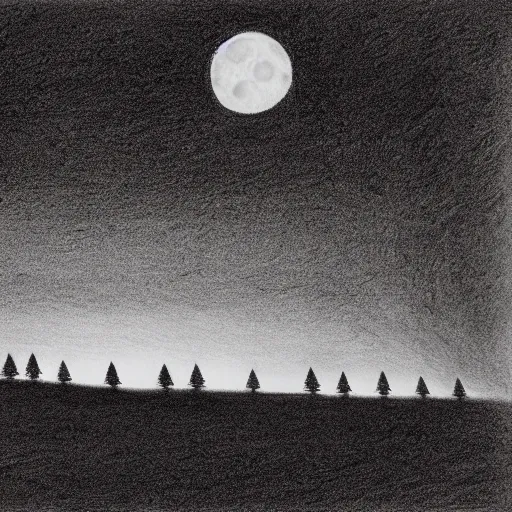 Prompt: charcoal drawing of rows of trees at night, the moon is seen between the trees, illustrated by chris van allsburg, illustration, masterful, volumetric light, subdued, subtle, greyscale