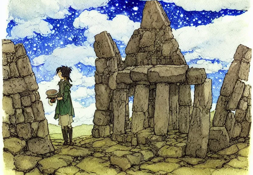 Prompt: a simple watercolor studio ghibli movie still fantasy concept art of a giant wizard standing in a tiny stonehenge in machu pichu. it is a misty starry night. by rebecca guay, michael kaluta, charles vess