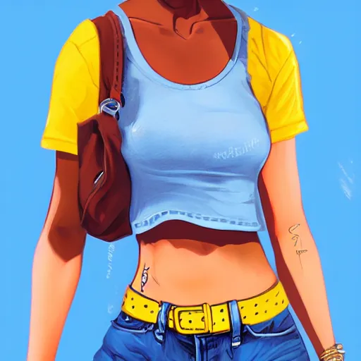 Image similar to young hyderabadi american woman wearing denim short shorts and yellow tank top, highly detailed, artgerm style, artstation, soft light, sharp focus, illustration, character design, concept art