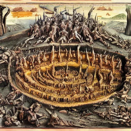 Image similar to detailed map of the nine layers of hell from dantes inferno. cutaway style.