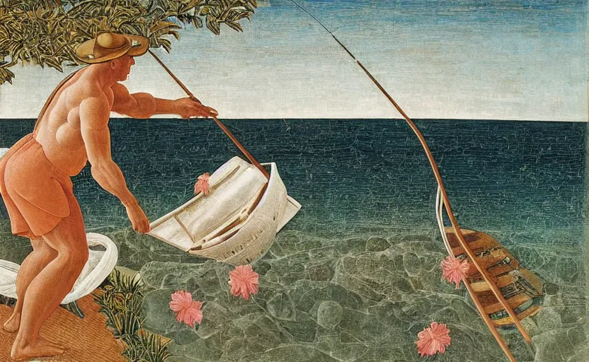 Image similar to painting of Urho Kekkonen fishing in Hawaii by Sandro Botticelli, clear texture, calm, pastel colors