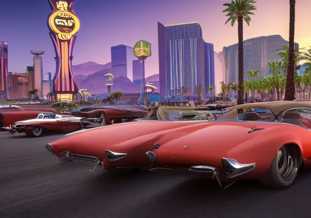 Prompt: vintage cars on the vegas strip, grand theft auto, photorealistic hyperdetailed 3 d matte painting, hyperrealistic, cinematic, unrealengine octane render,