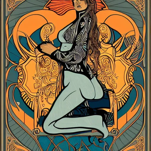 Prompt: an ultrafine detailed painting of a woman riding a tuna, concert poster, poster art, behance contest winner, art nouveau, flat shading, flat colors, reddit contest winner, behance contest winner,
