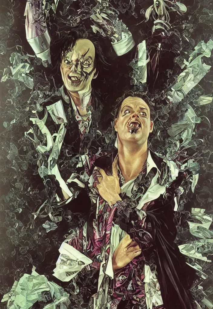 Prompt: michael keaton as beetlejuice by simon bisley, photoshop, art by artgerm and greg rutkowski and alphonse mucha