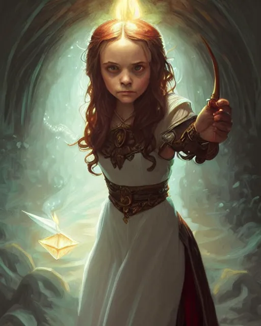 Image similar to Young Christina Ricci casting a ice spell, D&D, fantasy, intricate, elegant, highly detailed, digital painting, artstation, concept art, matte, sharp focus, illustration, hearthstone, art by Artgerm and Greg Rutkowski and Alphonse Mucha