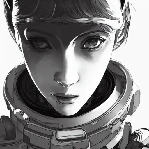 Image similar to highly detailed portrait of a post-cyberpunk robotic young lady with space helmet and wired cybernetic face modifications, robotic limbs, by Akihiko Yoshida, Greg Tocchini, Greg Rutkowski, Cliff Chiang, 4k resolution, persona 5 inspired, dull misty brown black and white color scheme with sparking stray wiring