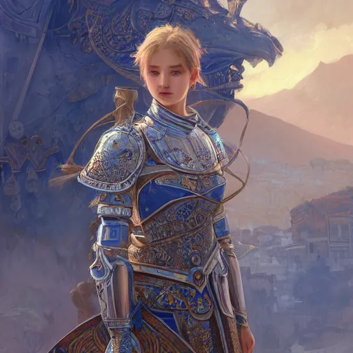 Image similar to portrait knights of Zodiac girl, Chinese Blue and white porcelain color reflected armor, in ruined Agora of Athens, ssci-fi, fantasy, intricate, very very beautiful, elegant, golden light, highly detailed, digital painting, artstation, concept art, smooth, sharp focus, illustration, art by tian zi and WLOP and alphonse mucha