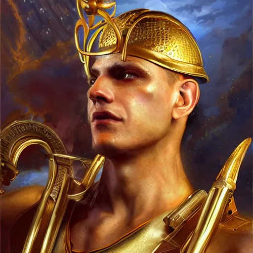 Prompt: stunning portrait of greek argonaut Orpheus wearing a golden lyre, painting by Raymond Swanland, cyberpunk, sci-fi cybernetic implants hq