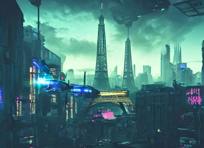 Image similar to cyberpunk scifi scene of paris at night, scifi drones in the sky, artstation, matt painting, very detailed, maximalism, ambient occlusion, volumetric light, atmospheric haze, unreal engine, hyper realism, realistic shading, cinematic composition, realistic render, octane render, detailed textures, photorealistic, wide shot