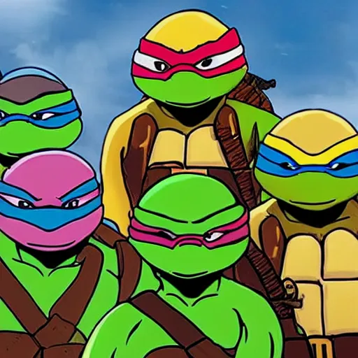 Image similar to teenage mutant ninja turtles on top of a mountain