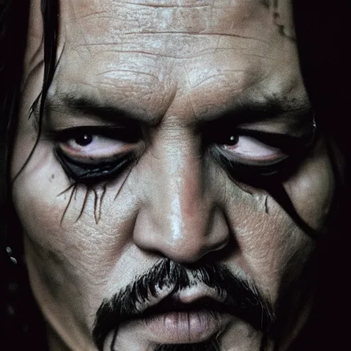 Image similar to portrait of johnny depp as the devil inpersonated, symmetrical, nikon 3 5 mm photography, ultrarealistic