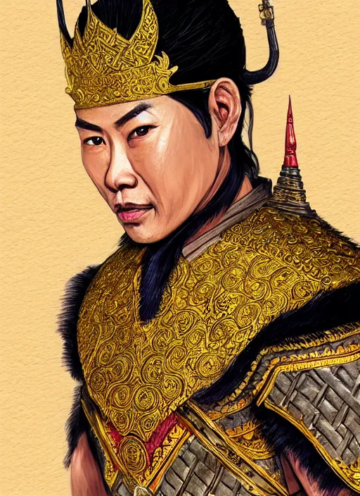 Image similar to king ramkhaheang of sukhothai, close portrait, historical, ethnic group, traditional tai costume, sukhothai headset, leather shoulder armor, fantasy, intricate, with leather armor cross onbare chest, elegant, loin cloth, highly detailed, oill painting, artstation, concept art, matte, sharp focus, illustration, hearthstone, art by earl norem