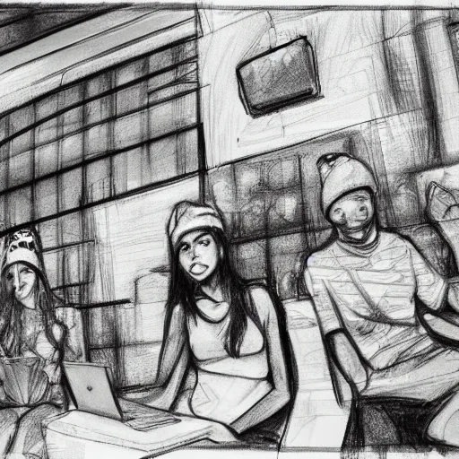 Image similar to hot girls sitting at starbucks being drawn by creepy guy in beanie, 8 k resolution, cinematic lighting, anatomically correct