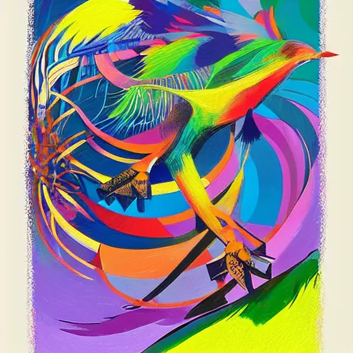 Image similar to A beautiful experimental art of a large, colorful bird with a long, sweeping tail. The bird is surrounded by swirling lines and geometric shapes in a variety of colors by Michal Lisowski, by Eric Carle robust, unnerving