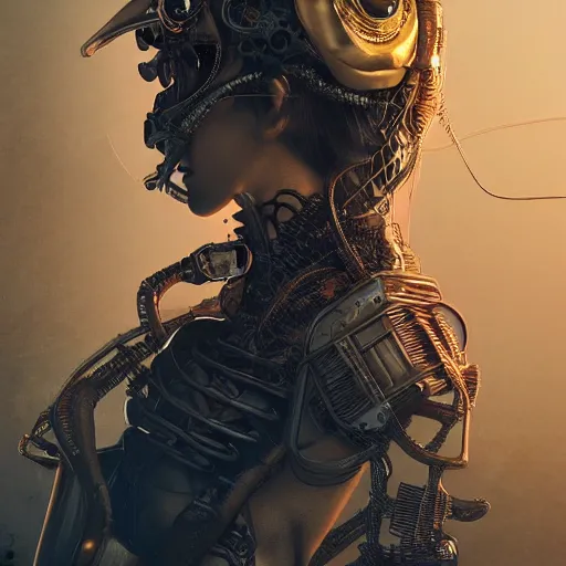 Image similar to concept art of asian female supermodel with robotic mask. steampunk vr googles. futuristic tokyo. anime and manga. comic style. artstation concept art, matte painting. ambient and neonoir mood. intricate details and golden filigree with dragon scales. cinematic light and volumetric fog