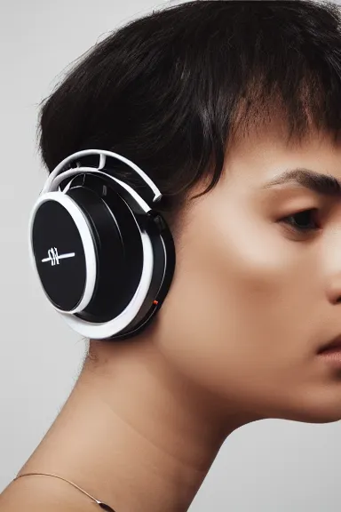 Prompt: a technical looking pair of headphone inspired by teenage engineering op1, realistic photography, soft light, commercial photo studio, bright