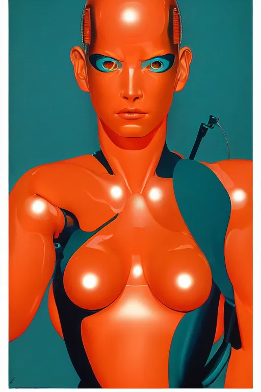 Prompt: cyborg art by Hajime Sorayama and Artemisia Gentileschi, centered, symmetrical, led, teal and orange, bilateral symmetry, third person, 70s poster, blade runner, kubrik, 2D matte illustration