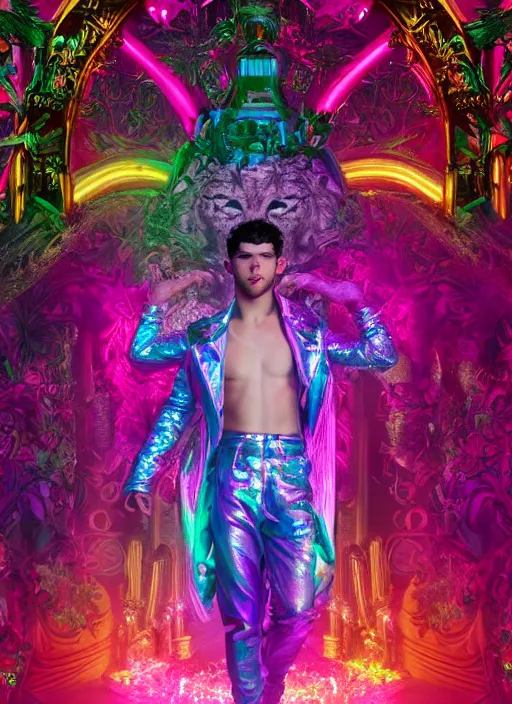 Prompt: photo of baroque and bladerunner delicate neon emerald sculpture of seductive prince nick jonas pink iridescent humanoid deity wearing metallic jungle leaves, crystal tigers, glowing rainbow lights, crown made of hands, cinematic lighting, photorealistic, octane render 8 k depth of field 3 d