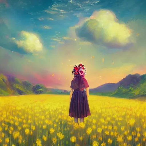 Image similar to girl with a flower head, surreal photography, dream, standing in flower field, magical, in a valley, sunrise dramatic light, impressionist painting, colorful clouds, artstation, simon stalenhag