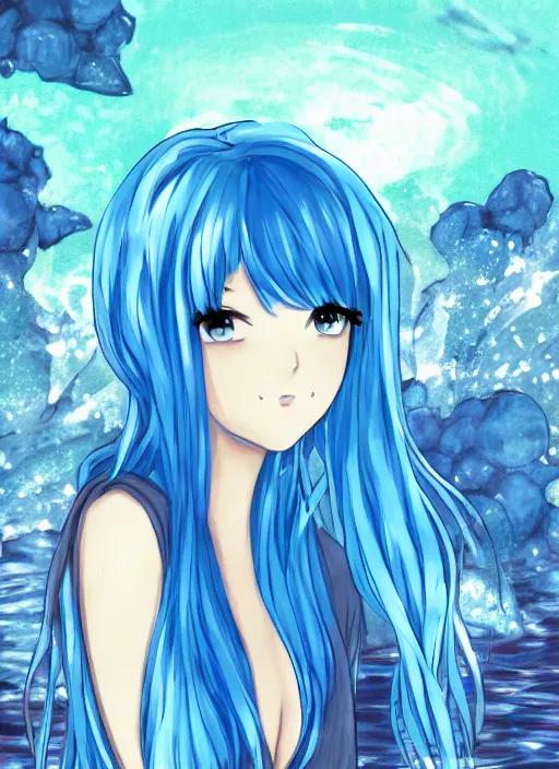 Image similar to a woman with blue hair sitting in the water, an anime drawing by yuumei, featured on pixiv, rayonism, pixiv, seapunk, anime