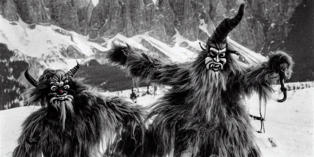 Prompt: krampus with big beak dancing in dolomites, hay fur, austrian folklore, 1920s photography, grainy, eerie, dark