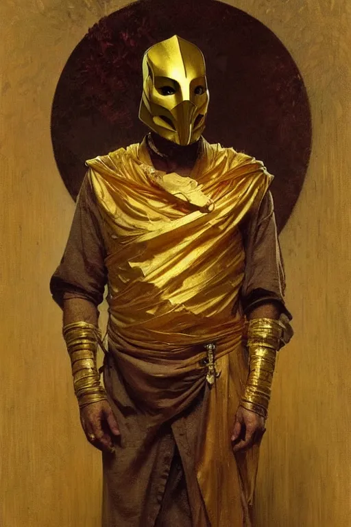 Prompt: A man wearing golden mask,painting by greg rutkowski and alphonse mucha