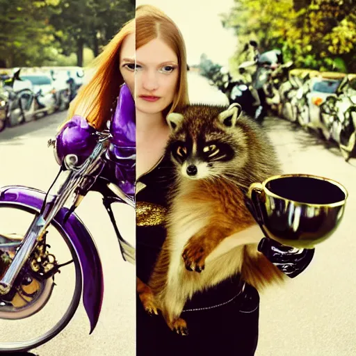 Prompt: a high - fashion photo of a slender beautiful woman with straight ginger hair and bangs, wearing purple leathers and gold helmet, posing with large ginger tabby and raccoon on a motorcycle in front yard, holding coffee mug and toasted brioche bun, fashion photography, dramatic lighting, 8 5 mm lens