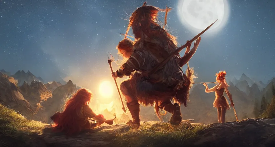 Prompt: an epic fantasy adventurer's camp with a hide tent at night with a full moon, a single adventurer with red hair playing an instrument, 4 k, extremely detailed. award winning, trending on artstation, 8 k, ultra wide angle