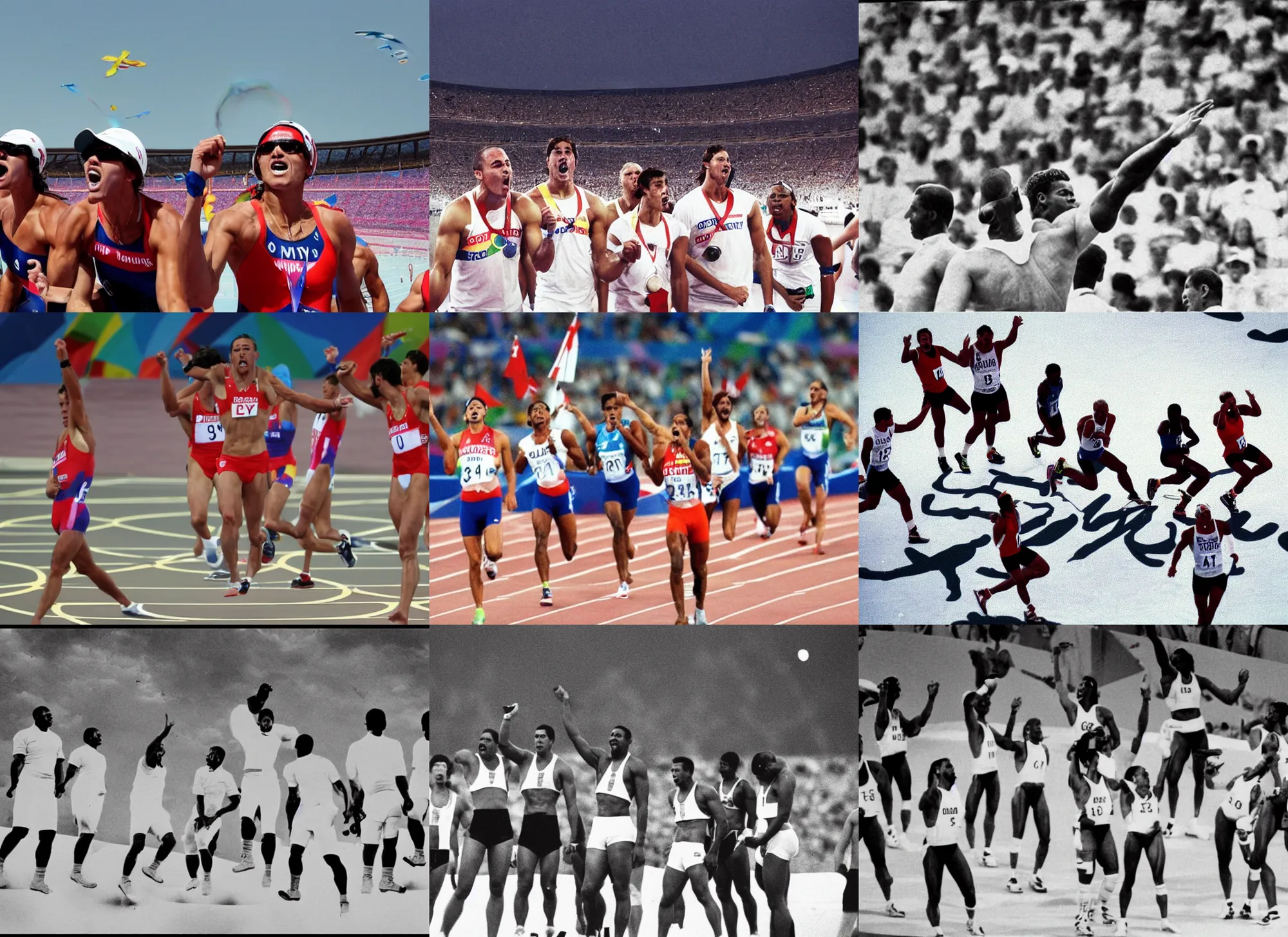 Prompt: athletes yelling! at the sky, photo from the olympic games, midday