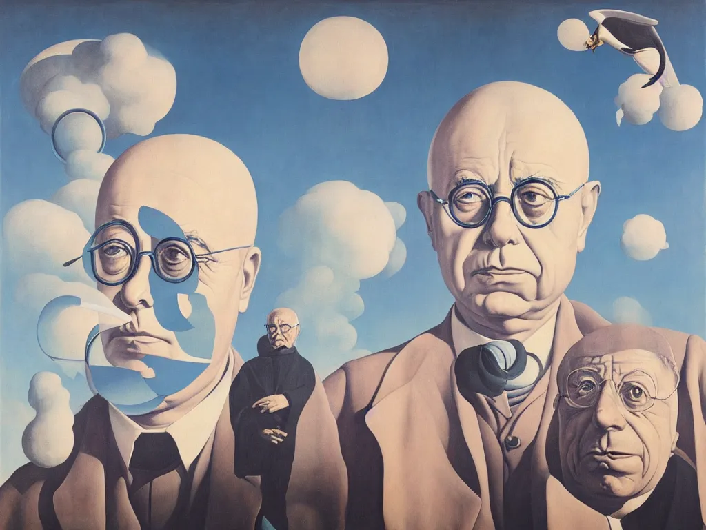 Image similar to the giant head of stanislaw lem is hovering above the futurological congress, painted by james jean and rene magritte