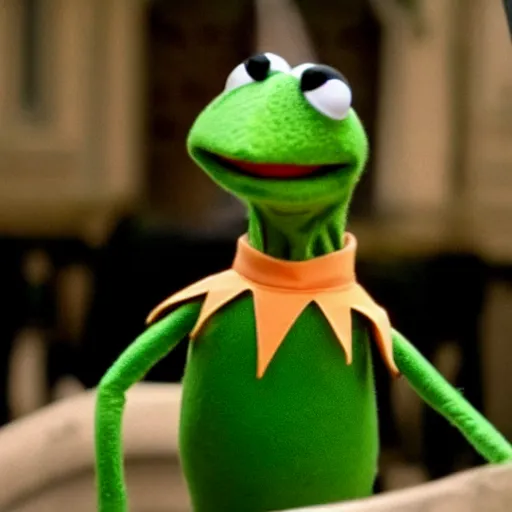 Image similar to Kermit the Frog is the latest Bond girl in 007, movie still, 4k ultra HD