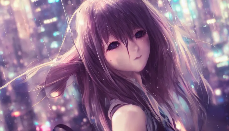 Image similar to cute anime girl in a cyberpunk city by wlop, detailed eyes, heterochromia, closeup, short minidress, light clothing, light rain, hyper real, detailed digital art, hatsune miku, photorealistic