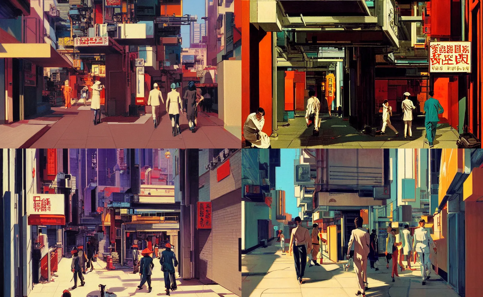 Prompt: a cyberpunk Hong Kong alley with robots and humans walking around, painting by Syd Mead and Edward Hopper