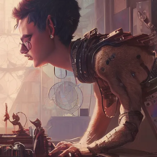 Image similar to an IT Cat who is a nerd, surrounded by Computers, D&D, fantasy, intricate, cinematic lighting, highly detailed, digital painting, artstation, concept art, smooth, sharp focus, illustration, art by Artgerm and Greg Rutkowski and Alphonse Mucha