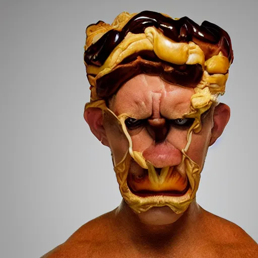 Image similar to Photorealistic man made out of Danish pastry, very angry, studio lighting.