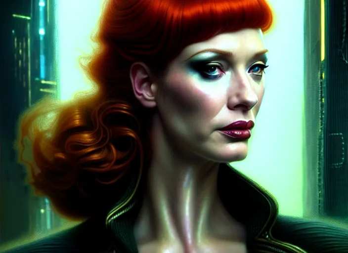 Image similar to portrait shot of christina hendricks in bladerunner wearing a cyberpunk costume, frontal view, intricate, elegant, highly detailed, centered, digital painting, artstation, concept art, smooth, sharp focus, illustration, artgerm, tomasz alen kopera, peter mohrbacher, donato giancola, joseph christian leyendecker, wlop, boris vallejo