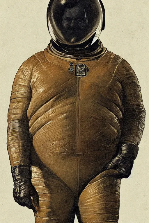 Image similar to daguerreotype of upper body portrait of baron harkonnen wearing leather spacesuit, detailed, illustration by normal rockwell, artstation character art, greg rutkowski