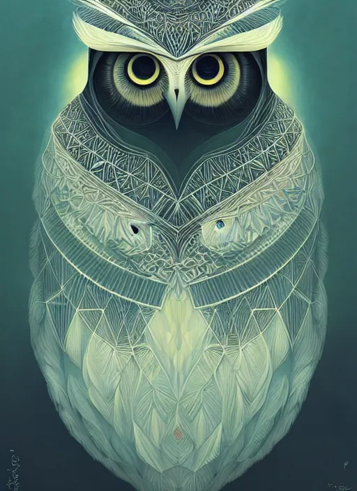 Image similar to portrait of a geometric owl, identical eyes, medium shot, illustration, full body made of white feathers, symmetrical, art stand, super detailed, cinematic lighting, and its detailed and intricate, gorgeous, by peter mohrbacher