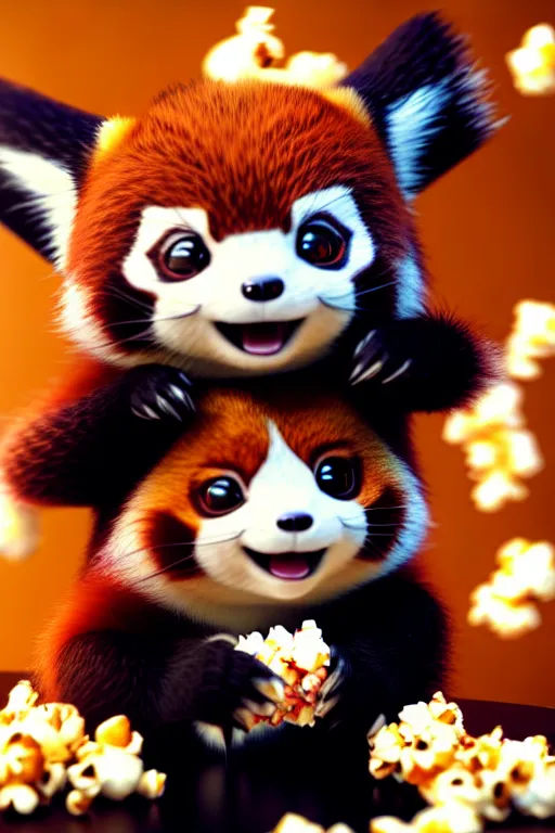 Image similar to high quality 3 d render hyperrealist very cute gothic happy red panda & koala hybrid eating popcorn, vray smooth, detective pikachu, very dramatic light, low angle, uhd 8 k, shallow depth or field