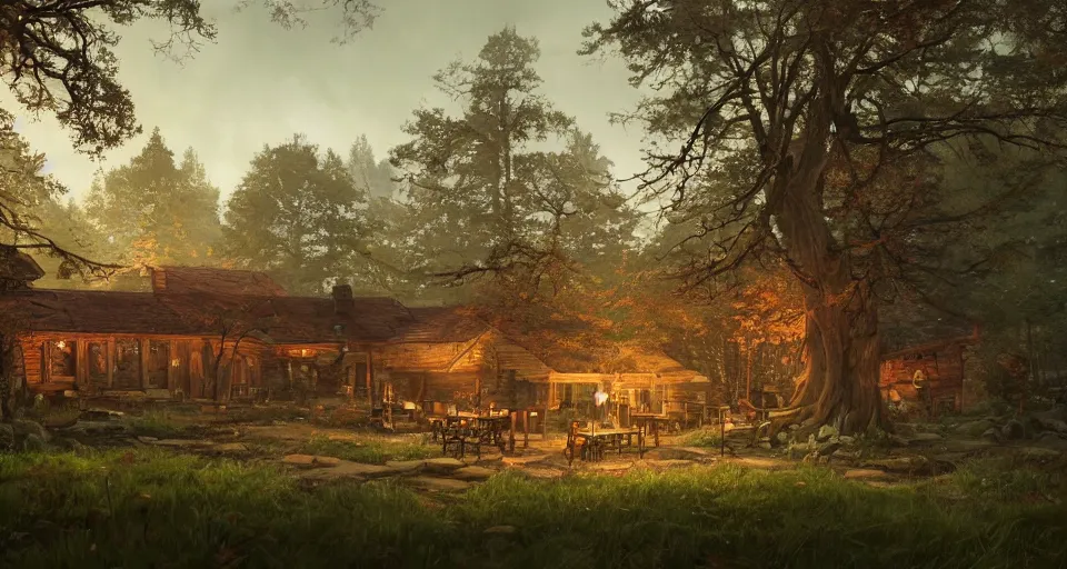 Prompt: A landscape with a quiet tavern in the middle of a forgotten magical forest, large trees, mushrooms, warm lighting, inviting, enchanting, rendered by simon stålenhag, rendered by Beeple, Makoto Shinkai, syd meade, environment concept, digital art, unreal engine, 3 point perspective, WLOP, trending on artstation, low level, 4K UHD image, octane render,