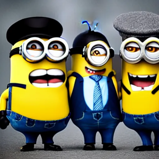 Image similar to three minions standing on top of eachother wearing a trenchcoat and a fedora, pretending to be an adult businessman